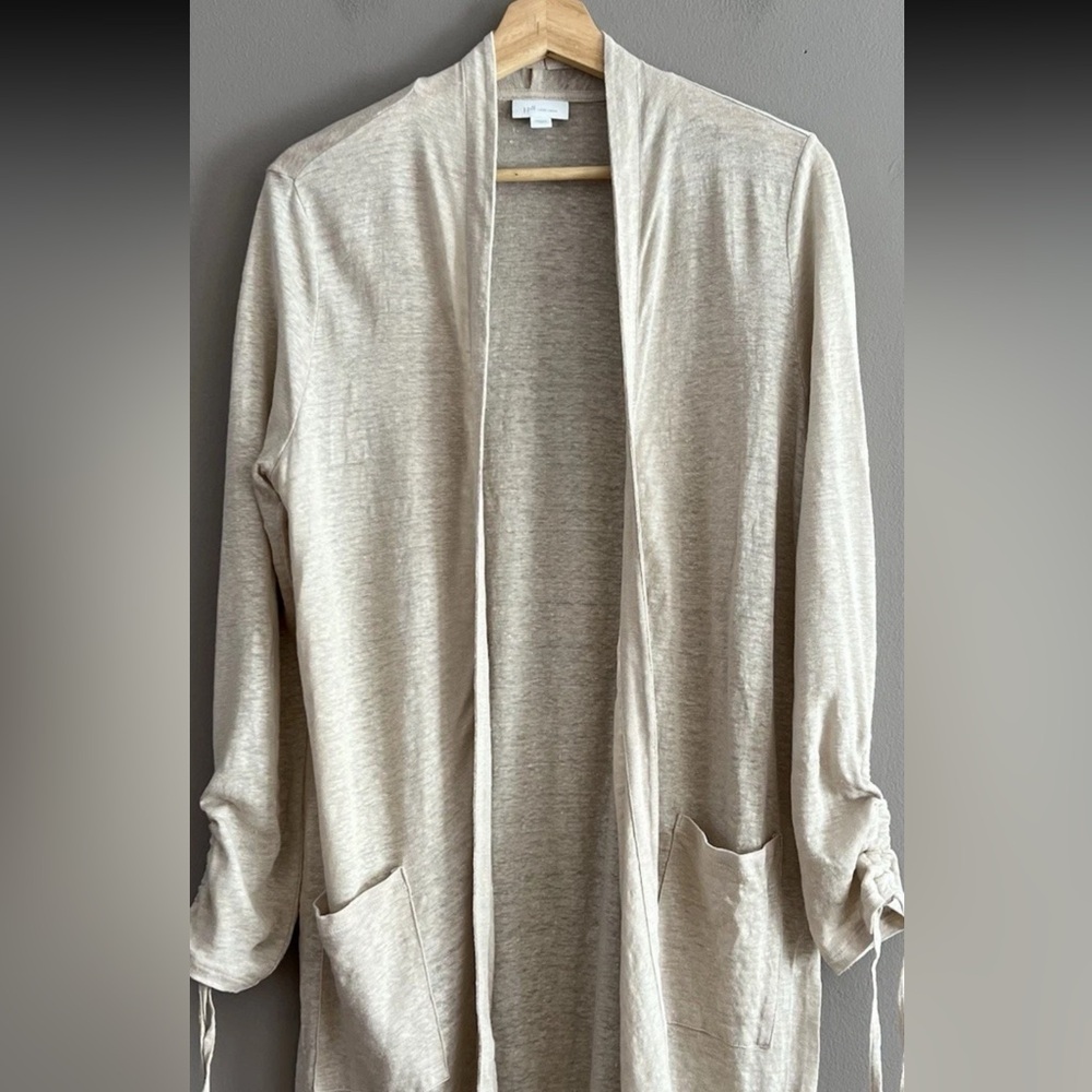 J Jill 100% linen Beige Open Front neutral Cardigan/ pockets XS lagenlook/layer